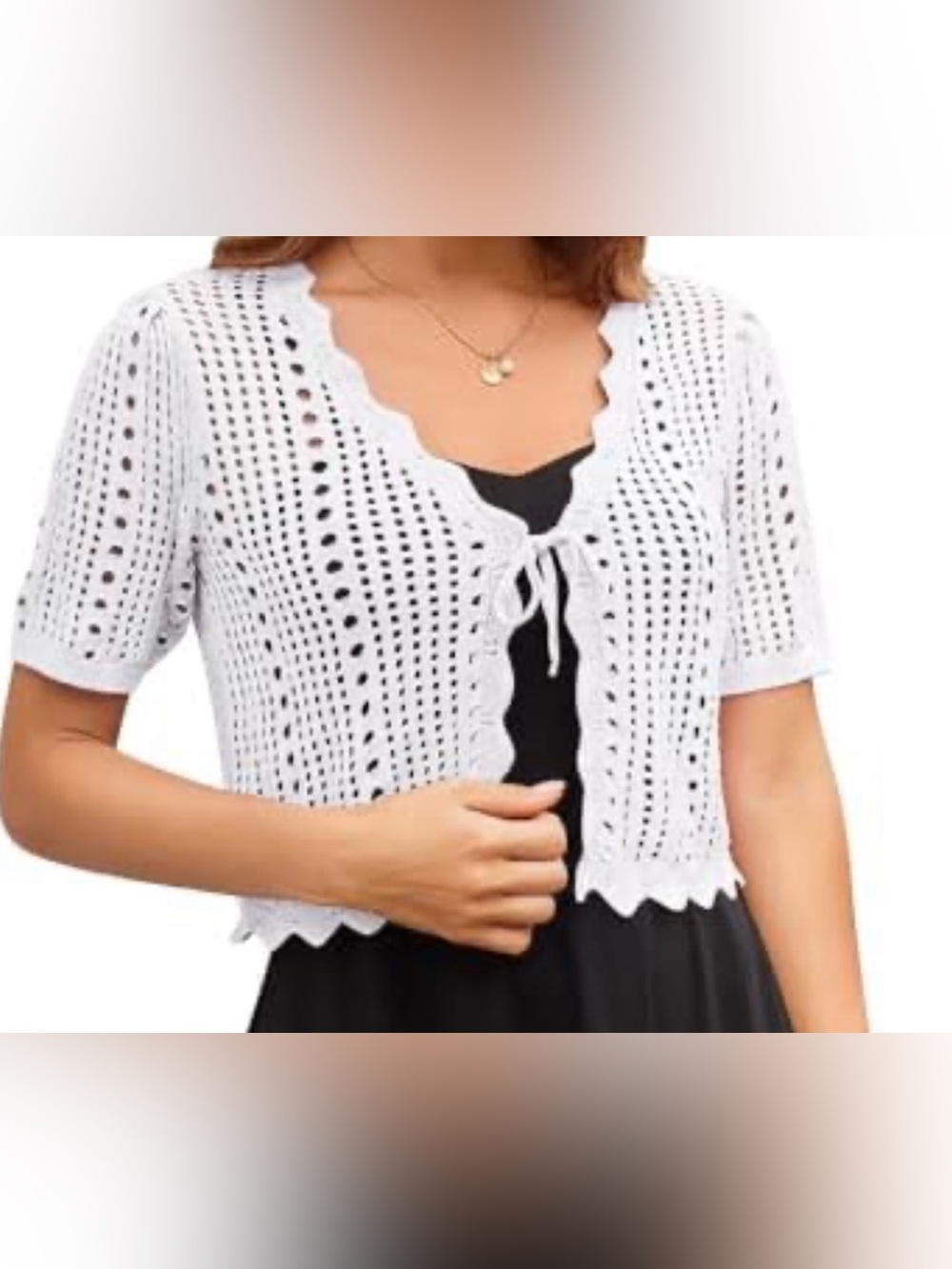 Women's Cream Crochet Tie-Front Short Sleeve Cardigan